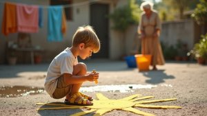 «Пускай это луч будет «Ждём всех» — сказала бабушка и улыбнулась, протянув мелок Лёше для продолжения рисунка