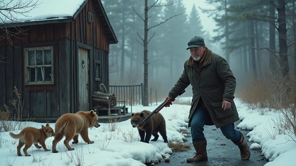 «А ну, пошли отсюда, разбойники!» — крикнул Григорий, вылезая на крышу и выстрелив поверх волков